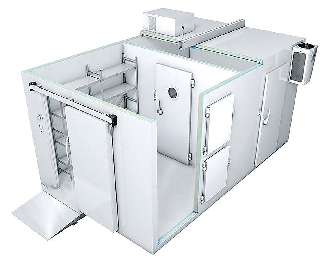 Modular panel-built controlled environment room with sliding doors and integrated shelving